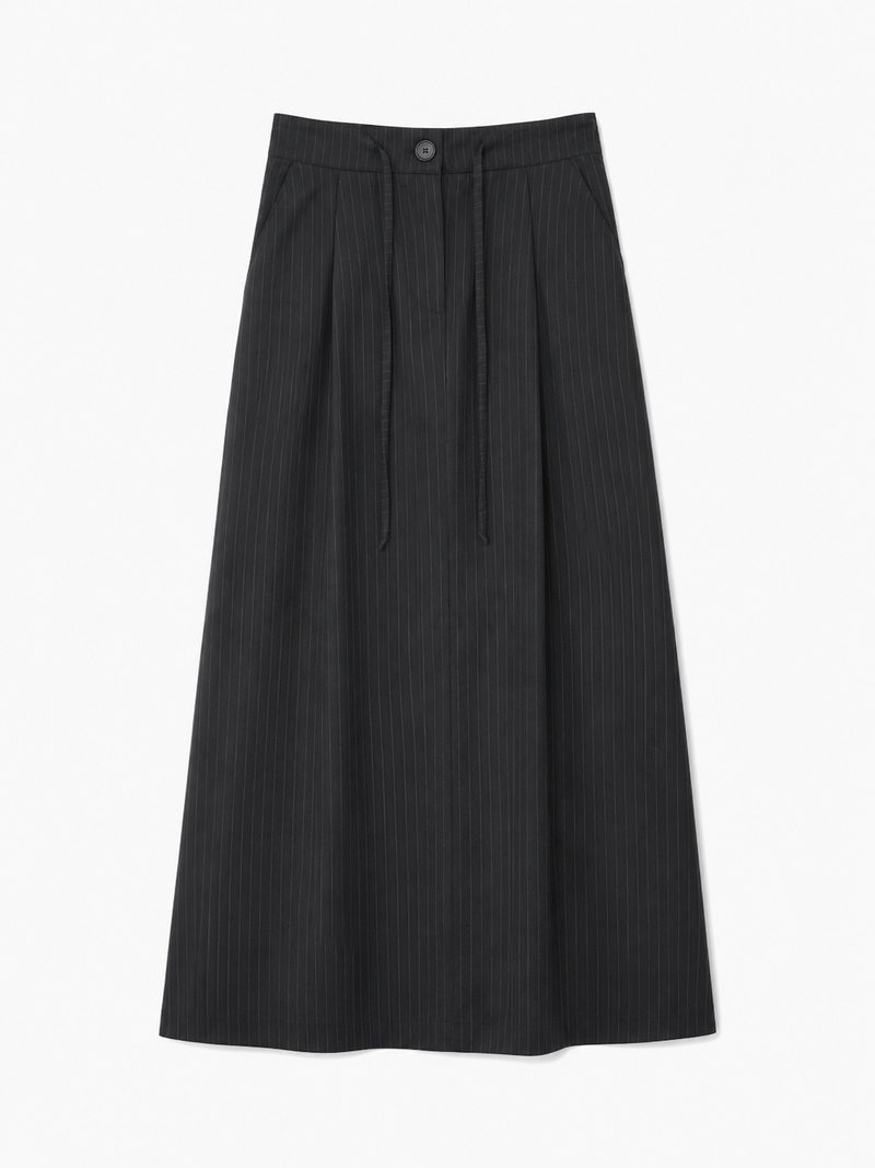 Pleated A-Line Maxi Skirt — Black Pinstripe