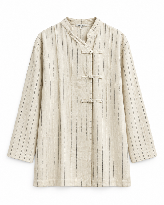 Gazzelle Pinstripe Frog-Closure Top — Oat Pinstripe