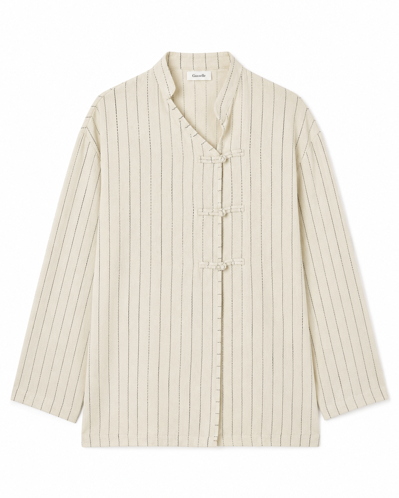 Gazzelle Pinstripe Frog-Closure Top — Oat Pinstripe