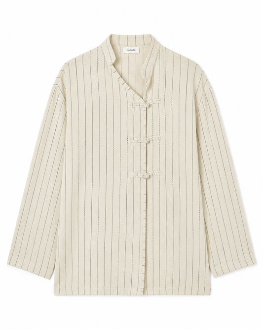 Gazzelle Pinstripe Frog-Closure Top — Oat Pinstripe