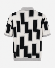 Ivory & black jacquard knit polo — back view showing architectural pattern and heathered grey rib trims