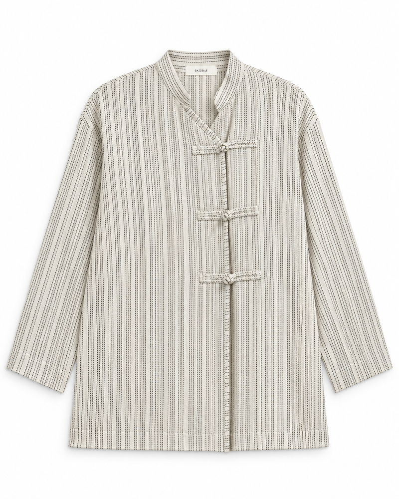 Gazzelle Dash-Stripe Frog-Closure Top — Ivory Dash