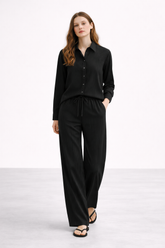 GAZZELLE | Women's Pinstripe Linen Co-Ord Set — Noir Black | طقم منسق محتشم الإمارات