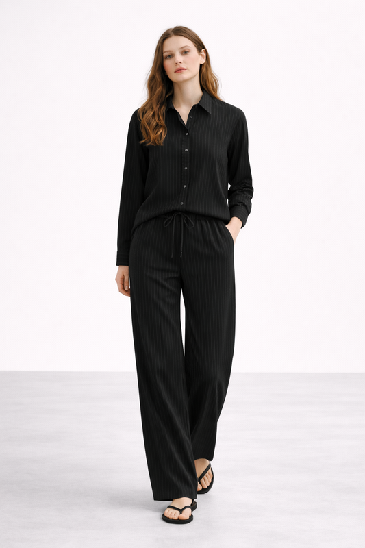 GAZZELLE | Women's Pinstripe Linen Co-Ord Set — Noir Black | طقم منسق محتشم الإمارات
