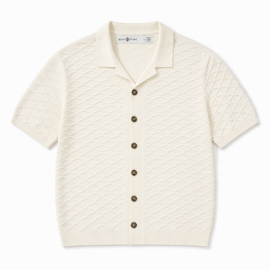 Wave-Texture Knit Camp Collar Shirt — Ecru