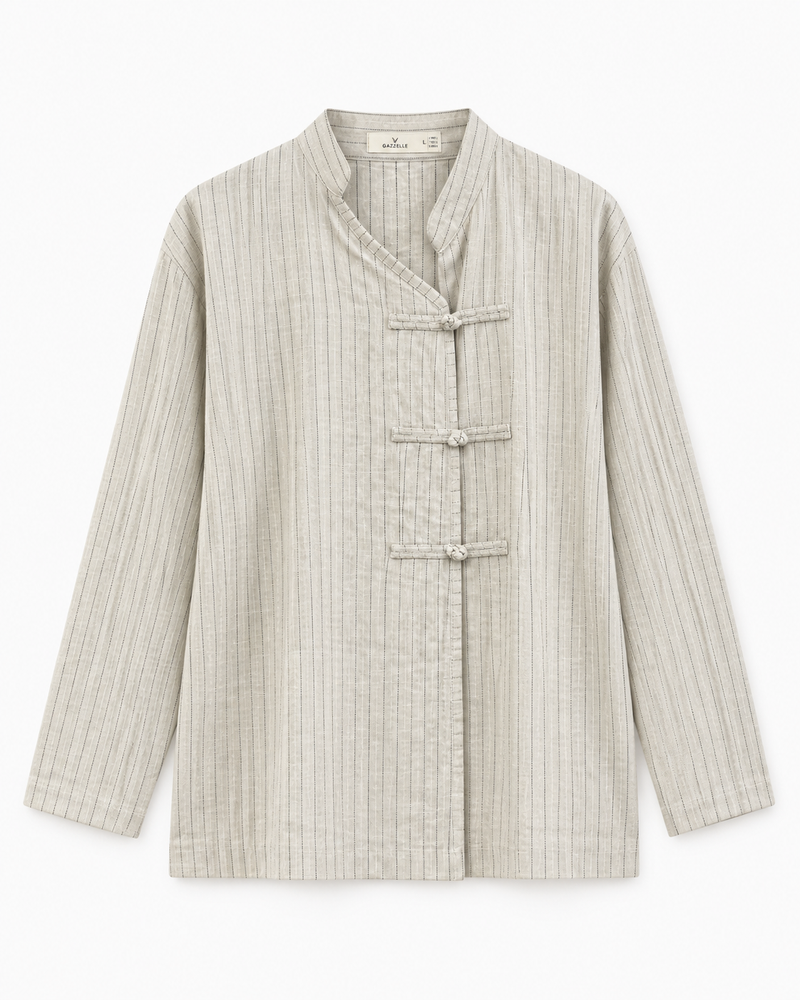 Gazzelle Crinkle-Linen Frog-Closure Top — Flax Pinstripe