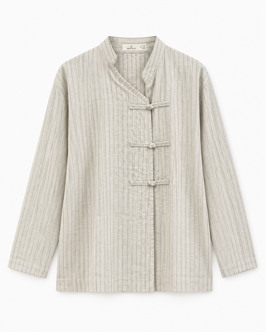 Gazzelle Crinkle-Linen Frog-Closure Top — Flax Pinstripe