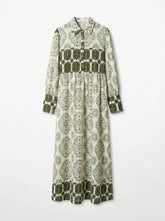 Women's Tile Print Belted Maxi Shirt Dress – Olive Green