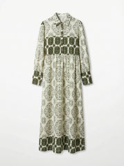 Women's Tile Print Belted Maxi Shirt Dress – Olive Green