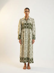 Women's Tile Print Belted Maxi Shirt Dress – Olive Green