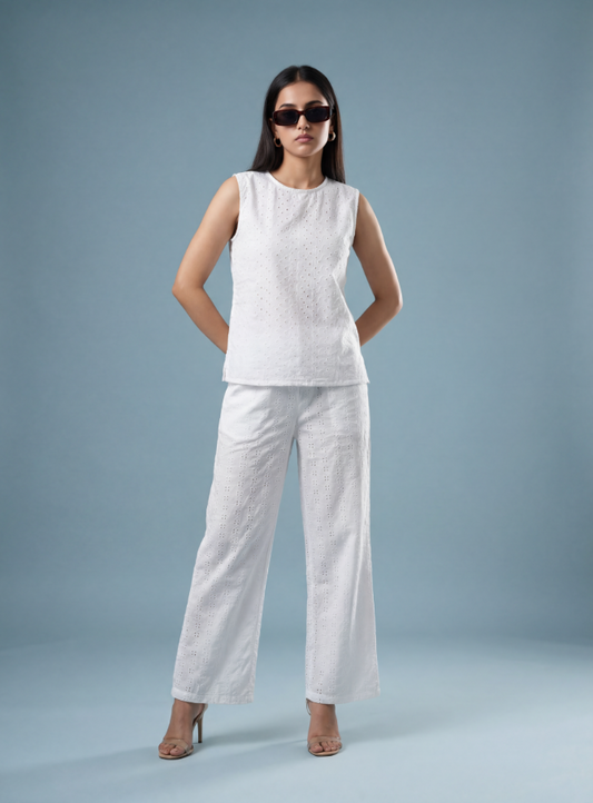 White Schifli Embroidered Co-ord Set — Sleeveless Top & Wide-Leg Pants | طقم منسق محتشم الإمارات