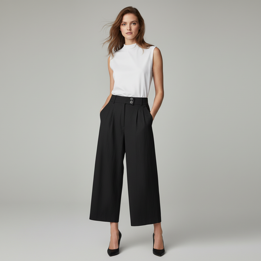 Linen Blend Wide-Leg Trousers — Black