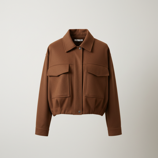 Women's Brown Utility Cropped Jacket - Structured Bomber with Pockets