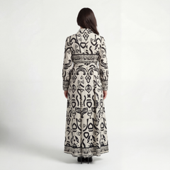 Abstract Calligraphy Print Belted Maxi Shirt Dress- Off-white & Black