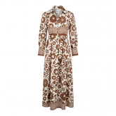 Retro Floral Belted Maxi Shirt Dress- Cream & Caramel Brown