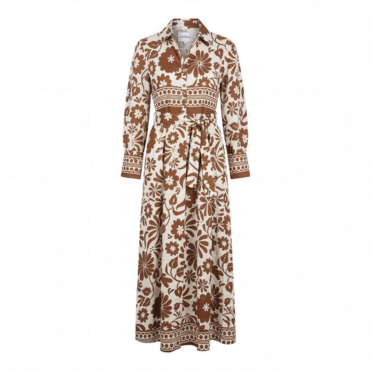 Retro Floral Belted Maxi Shirt Dress - Cream & Caramel Brown
