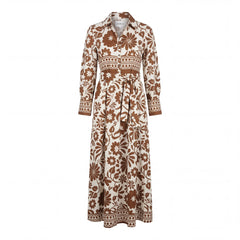 Retro Floral Belted Maxi Shirt Dress- Cream & Caramel Brown