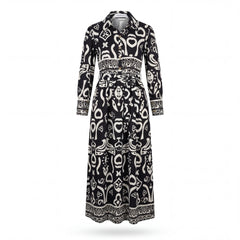 Abstract Tribal Print Maxi Shirt Dress — Noir Edition