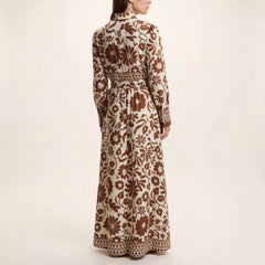 Retro Floral Belted Maxi Shirt Dress- Cream & Caramel Brown