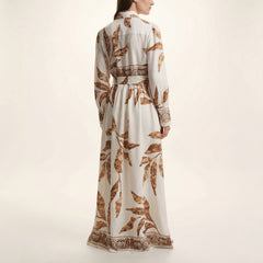 GAZZELLE | Tropical Leaf Print Belted Maxi Shirt Dress