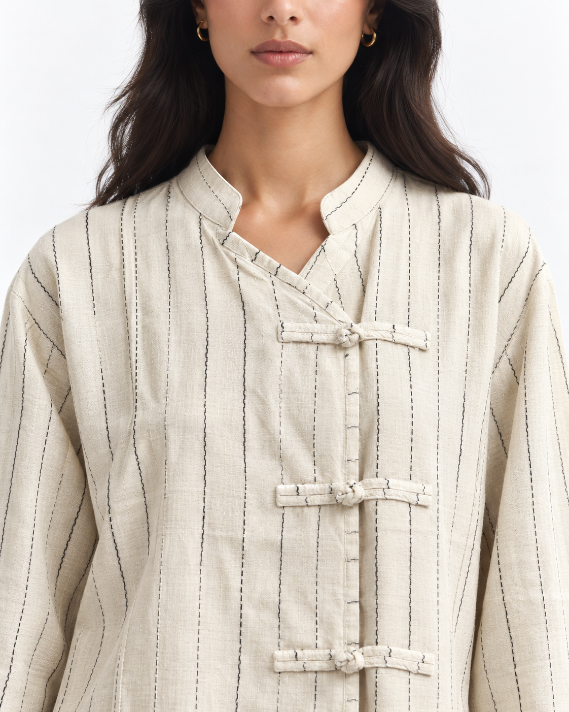 Gazzelle Pinstripe Frog-Closure Top — Oat Pinstripe