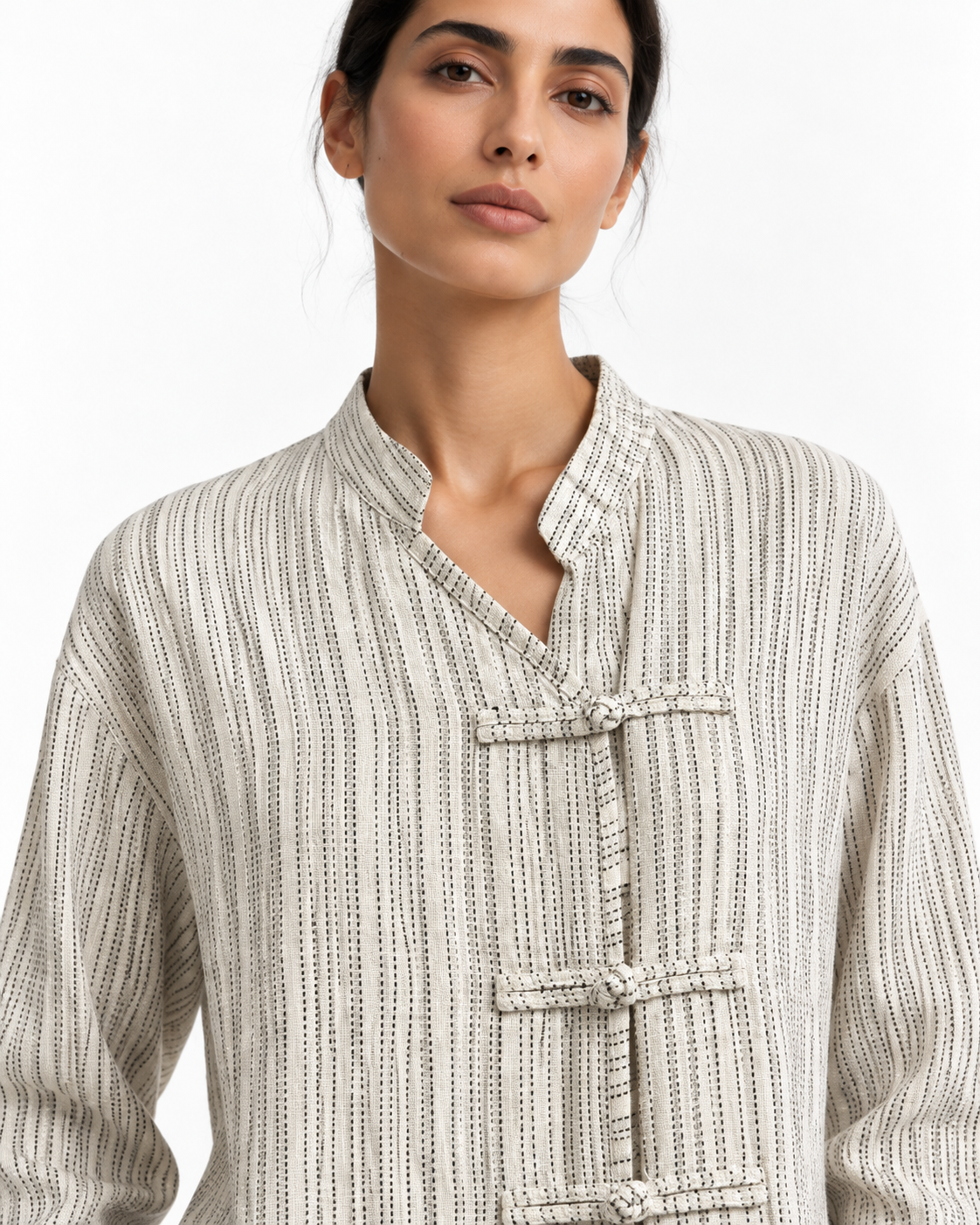 Gazzelle Dash-Stripe Frog-Closure Top — Ivory Dash