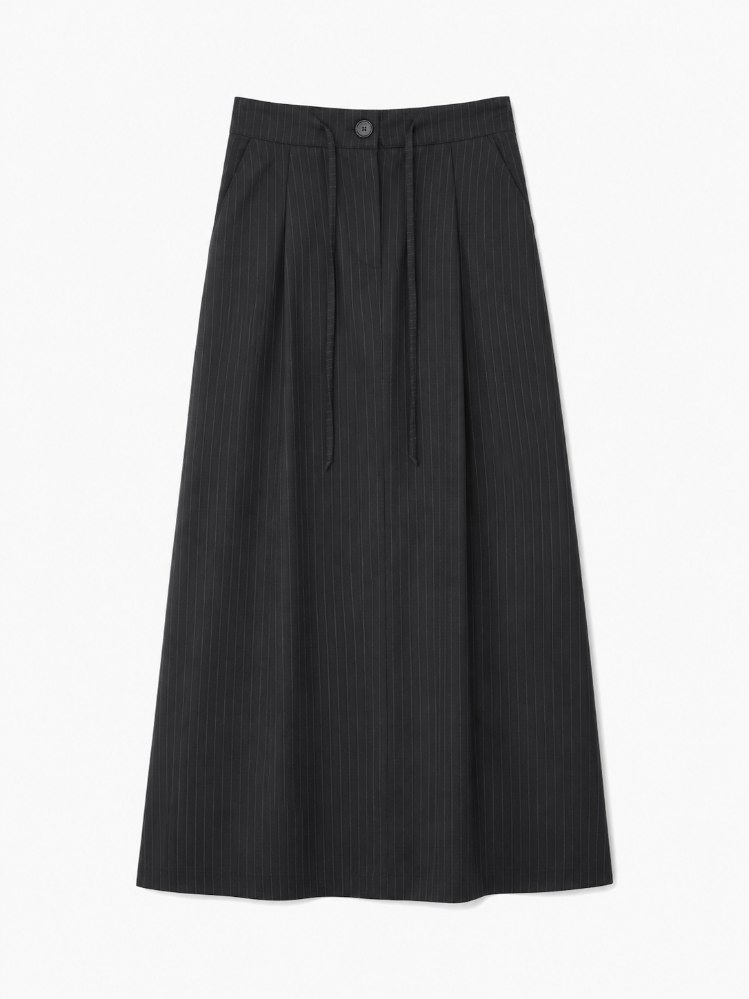 Pleated A-Line Maxi Skirt — Black Pinstripe