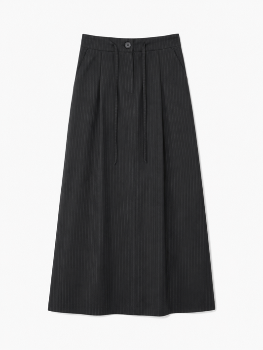 Pleated A-Line Maxi Skirt — Black Pinstripe