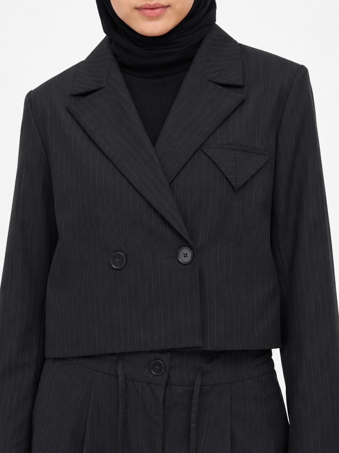 Cropped Double-Breasted Blazer — Black Pinstripe
