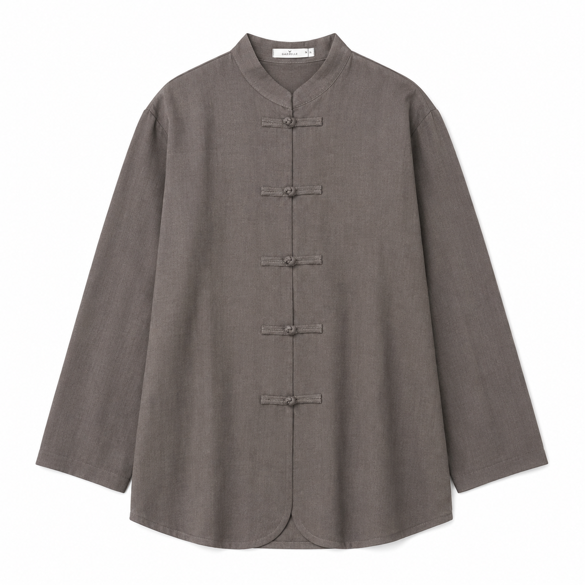 Frog-Button Mandarin Shirt — Ash Taupe