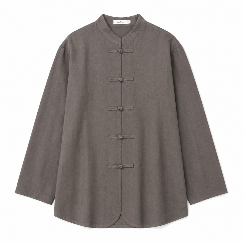 Frog-Button Mandarin Shirt — Ash Taupe