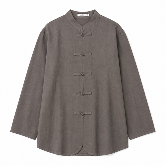 Frog-Button Mandarin Shirt — Ash Taupe