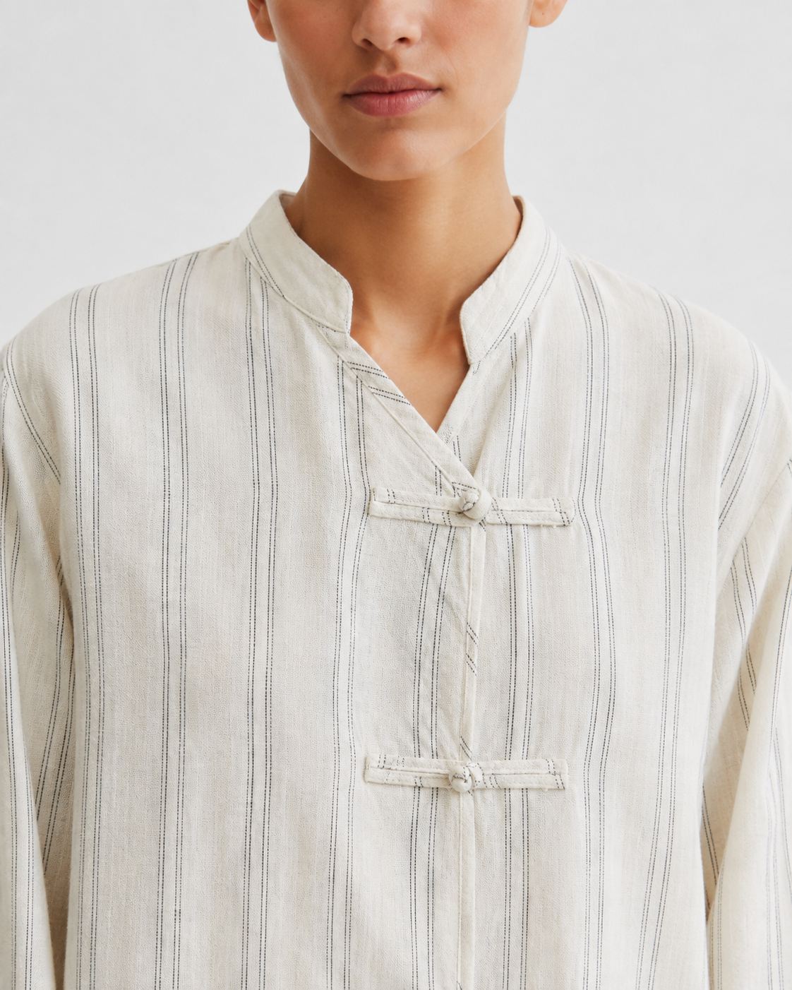 Gazzelle Ticking-Stripe Frog-Closure Top — Cream Ticking