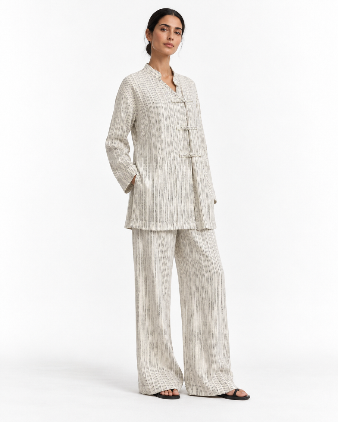 Gazzelle Dash-Stripe Frog-Closure Top — Ivory Dash