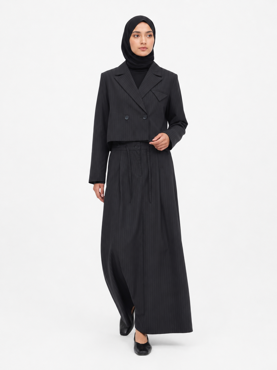 Cropped Double-Breasted Blazer — Black Pinstripe