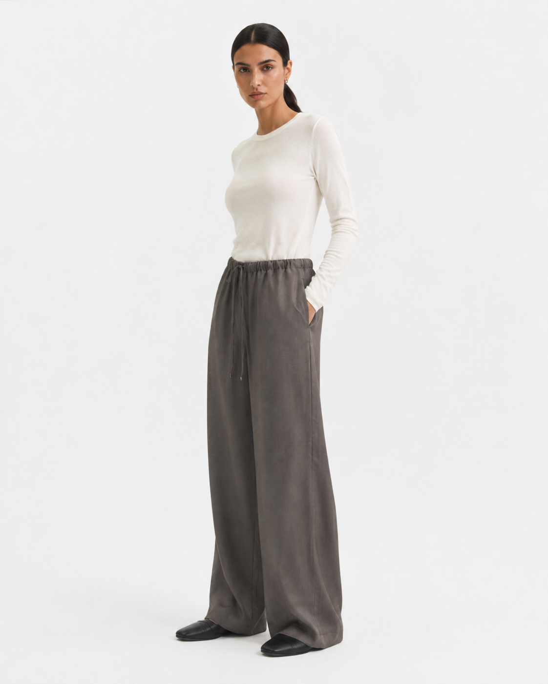 Drawstring Wide-Leg Trouser — Ash Taupe