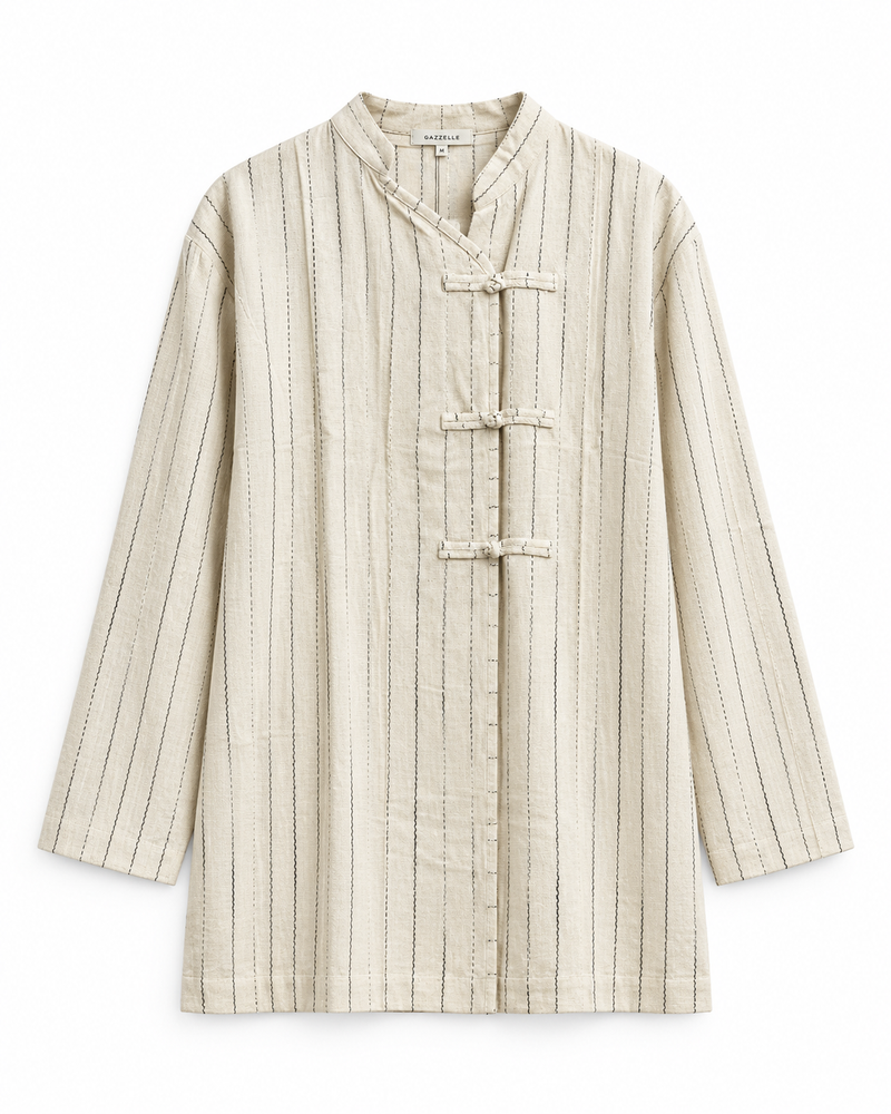 Gazzelle Pinstripe Frog-Closure Top — Oat Pinstripe