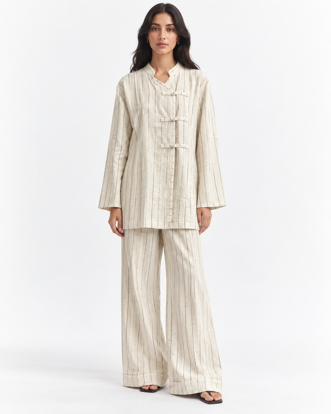 Gazzelle Pinstripe Frog-Closure Top — Oat Pinstripe