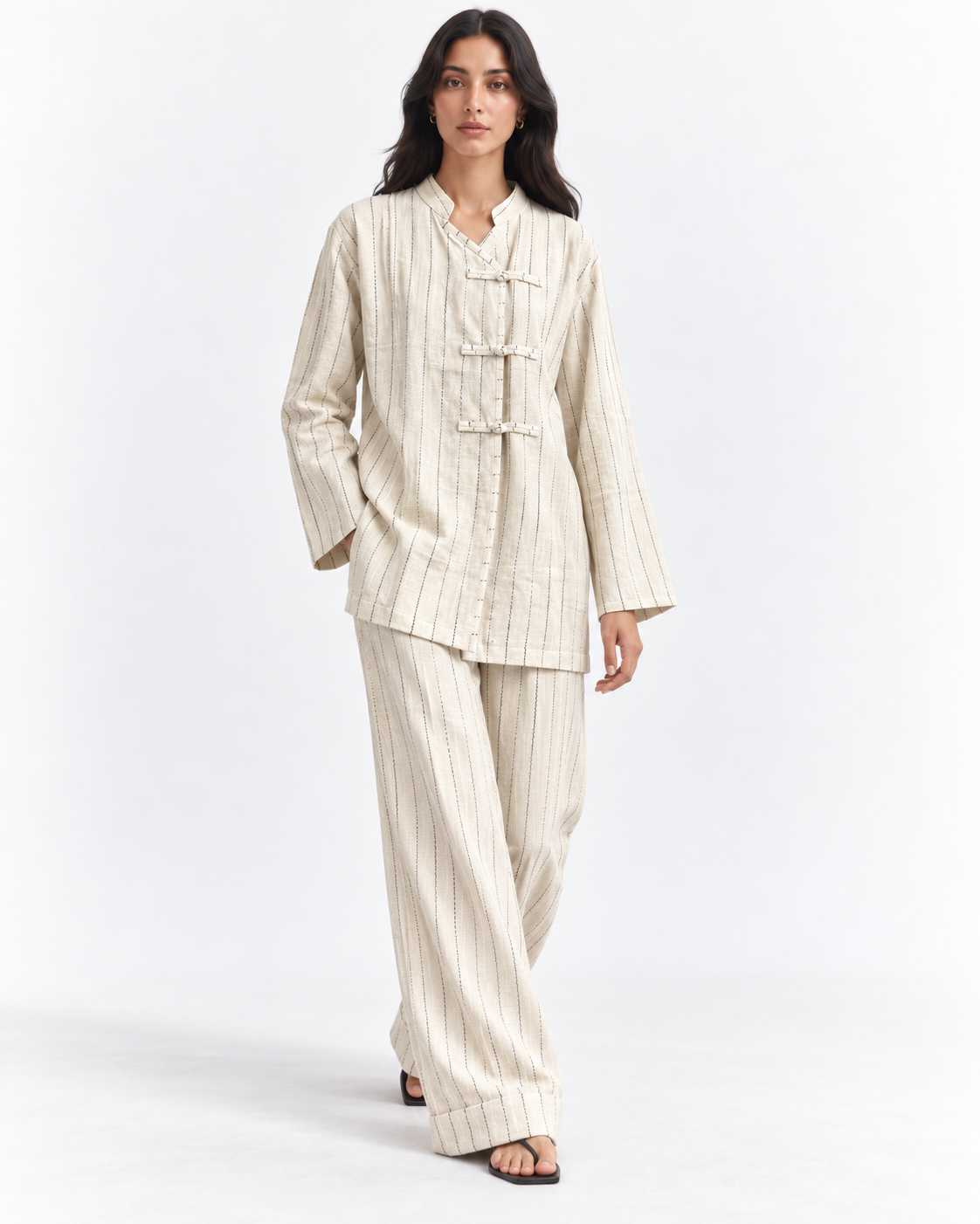 Gazzelle Pinstripe Frog-Closure Top — Oat Pinstripe