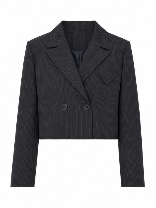 Cropped Double-Breasted Blazer — Black Pinstripe