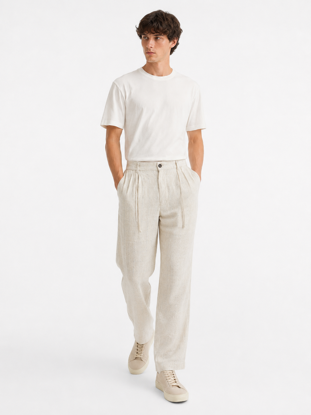 BSTN Pleated Linen Trouser — Ecru Windowpane