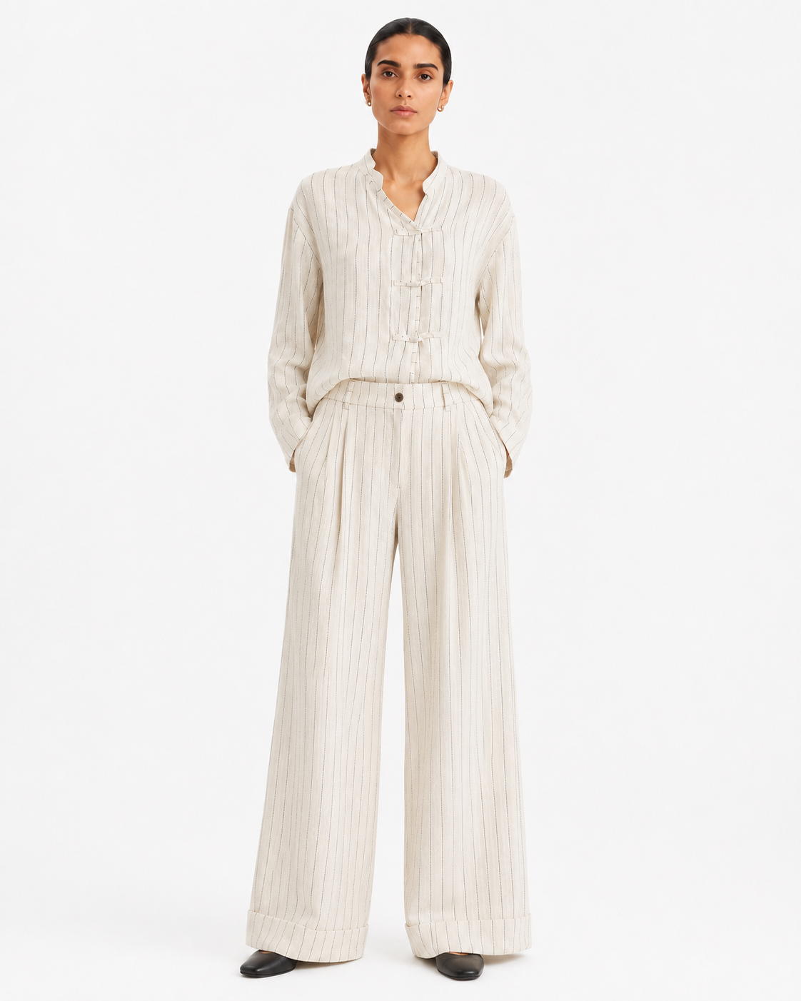 Gazzelle Pinstripe Wide-Leg Pant — Oat Pinstripe