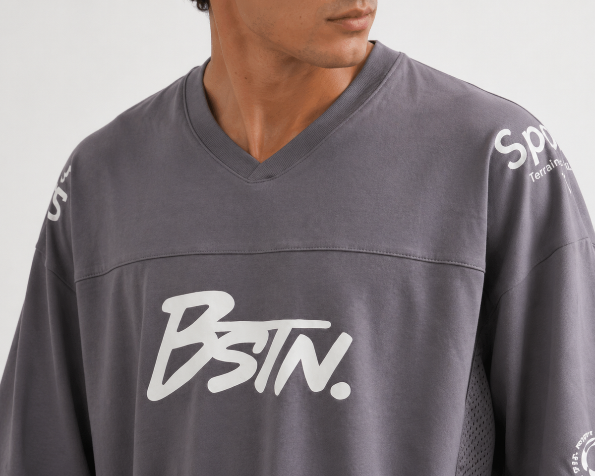 BSTN. Men's Oversized Sports Graphic Interlock Tee — Charcoal