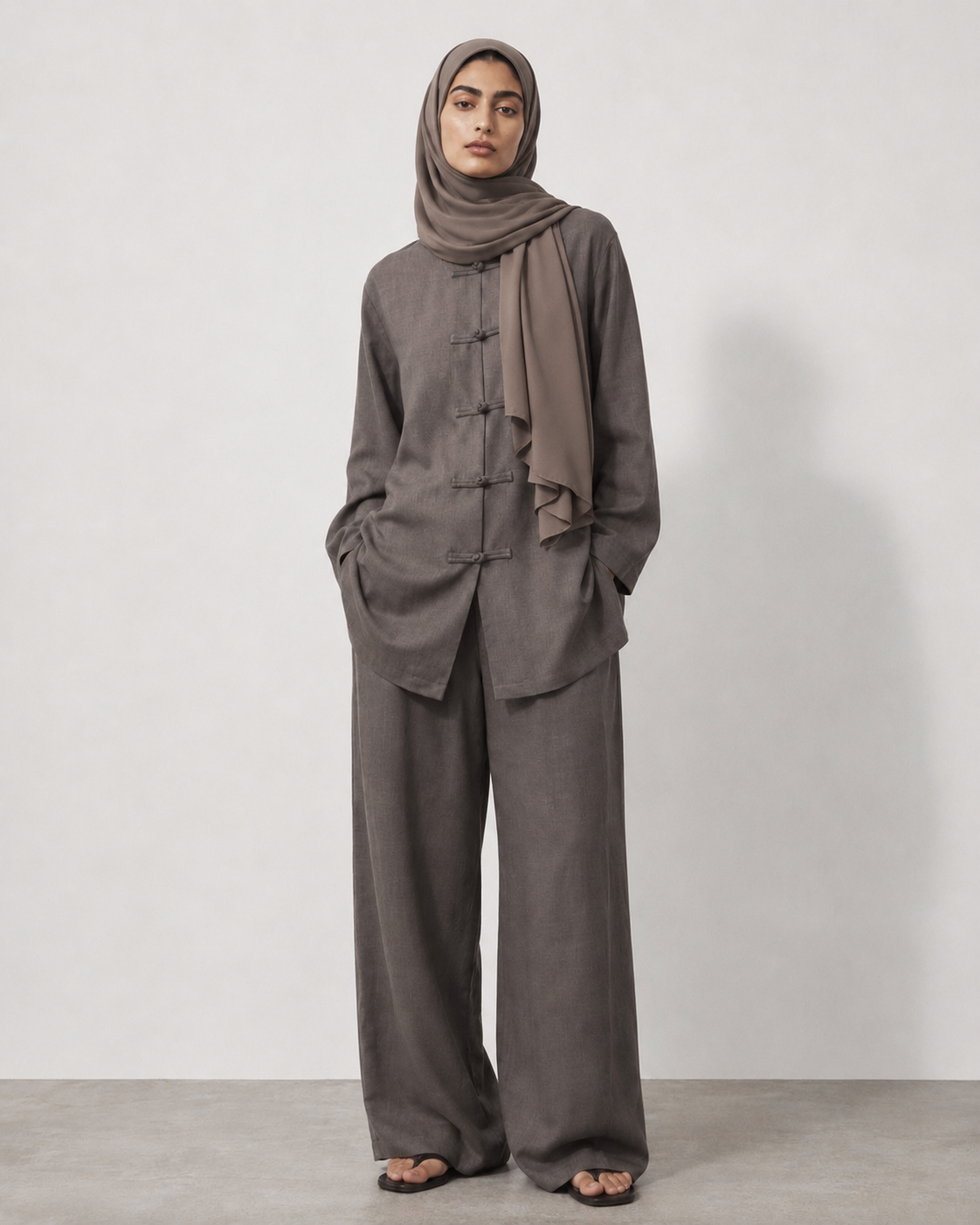 Frog-Button Mandarin Shirt — Ash Taupe