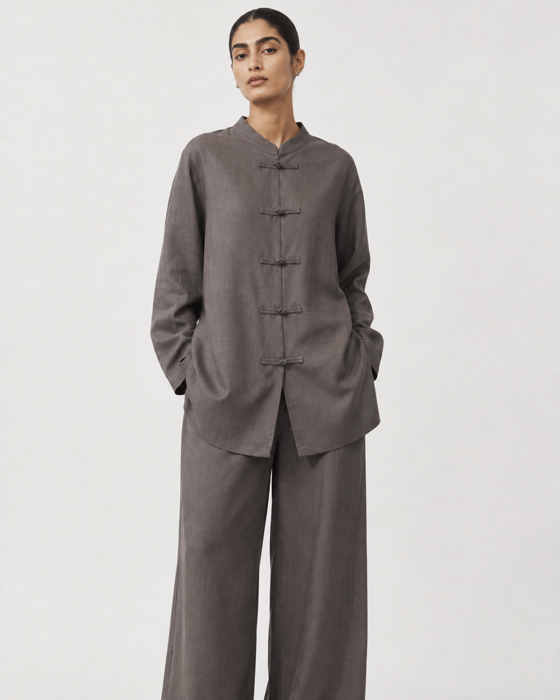 Frog-Button Mandarin Shirt — Ash Taupe