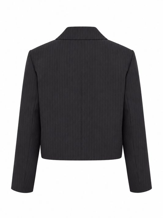 Cropped Double-Breasted Blazer — Black Pinstripe