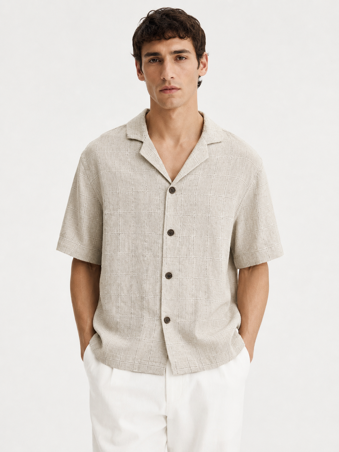 Window-Check Linen Camp Shirt