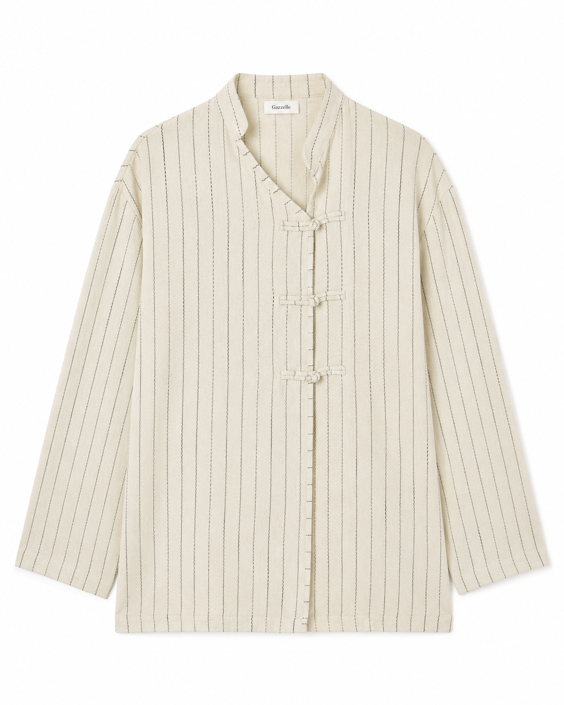 Gazzelle Pinstripe Frog-Closure Top — Oat Pinstripe