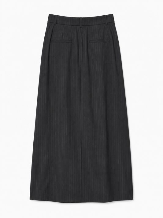 Pleated A-Line Maxi Skirt — Black Pinstripe