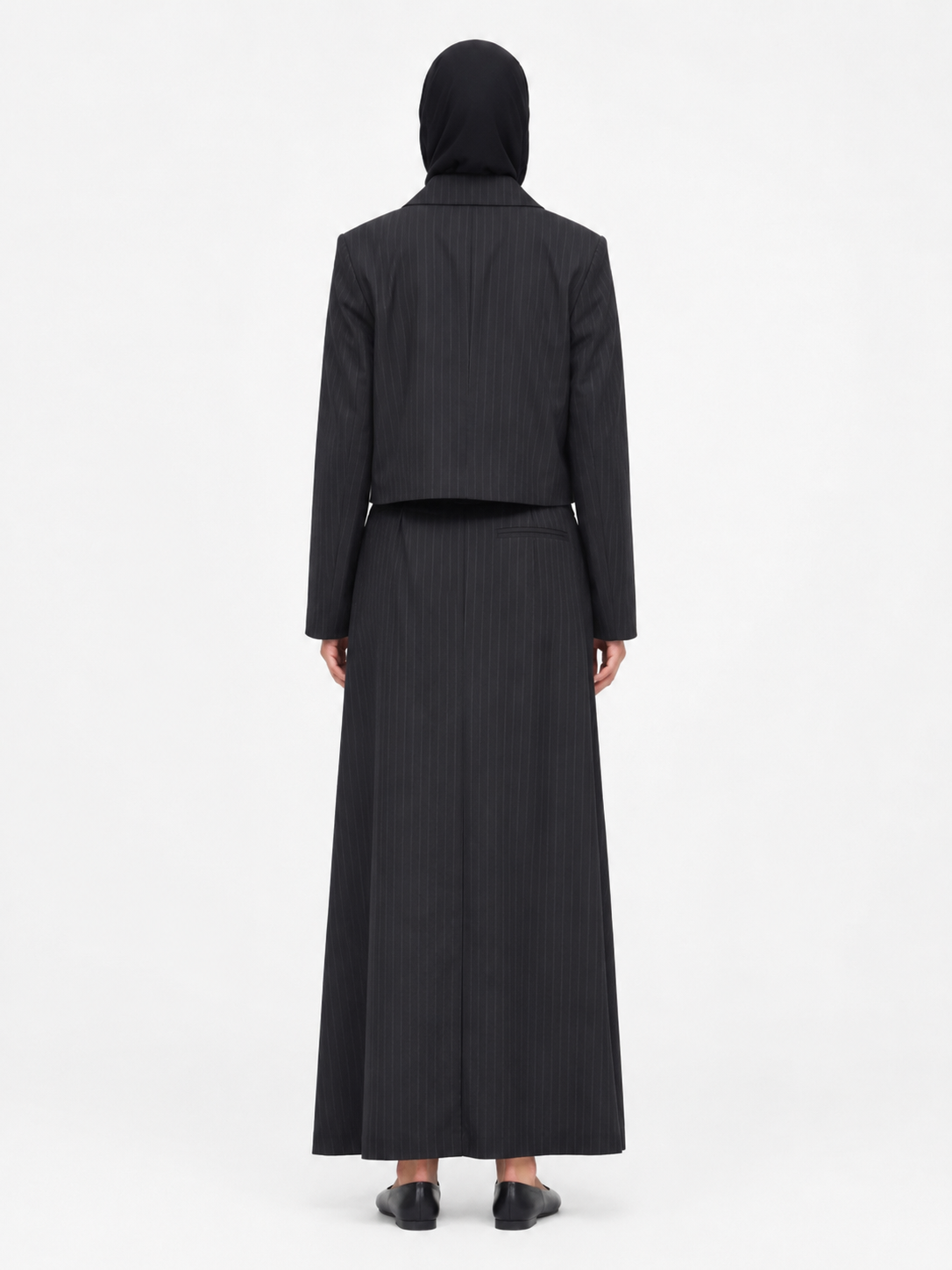 Cropped Double-Breasted Blazer — Black Pinstripe